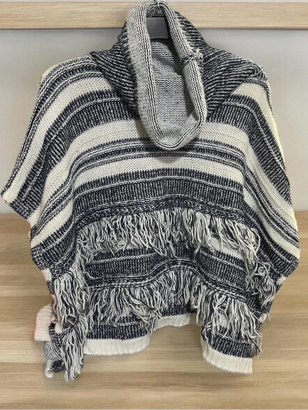 Linda Anderson Striped Black & Cream Fringe Cowl-Neck Poncho Sweater One Size